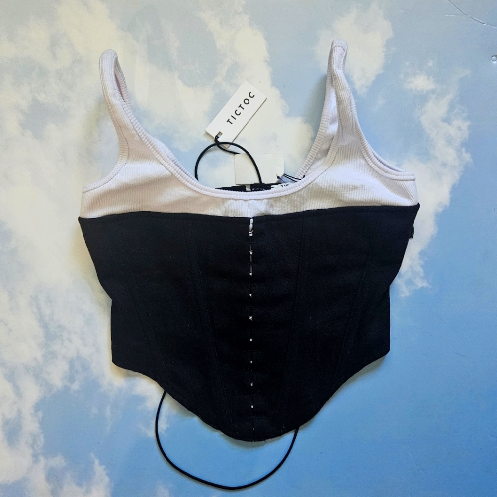 Black & White Women's Corset Bustier Top Denim Knit Corset Top Contrast Corset